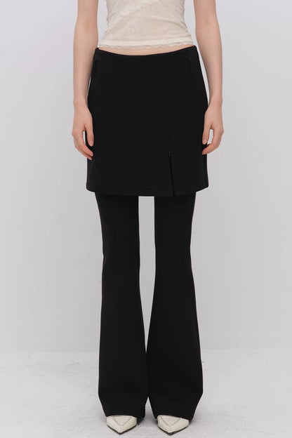 Layered-Look Slit Skirt-Style Flared Pants