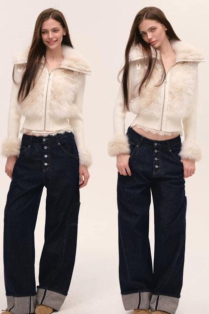 Layered-Look Fur Patchwork Knit Jacket