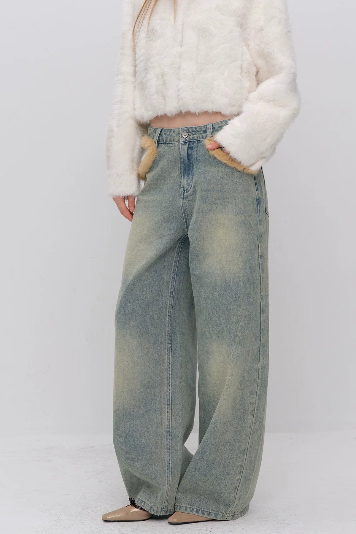 Fur Patch Wide-Leg Jeans