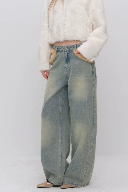 Fur Patch Wide-Leg Jeans