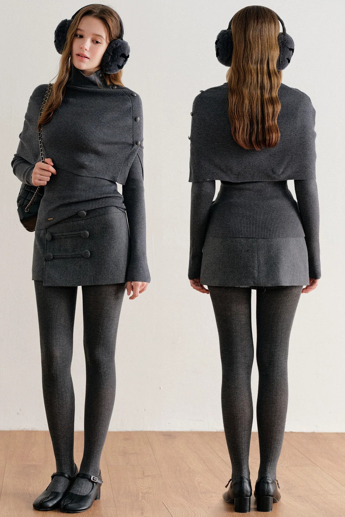 Long-Sleeve Wool Lyocell Knit Top and Detachable Cape Shawl Set