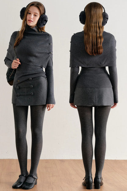 Long-Sleeve Wool Lyocell Knit Top and Detachable Cape Shawl Set