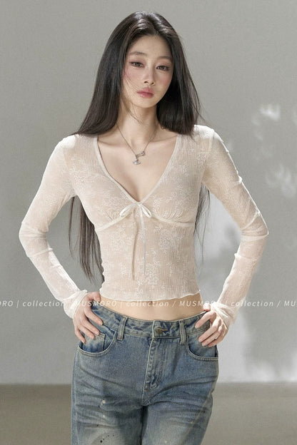 V-Neck Bow Tie Lace Top
