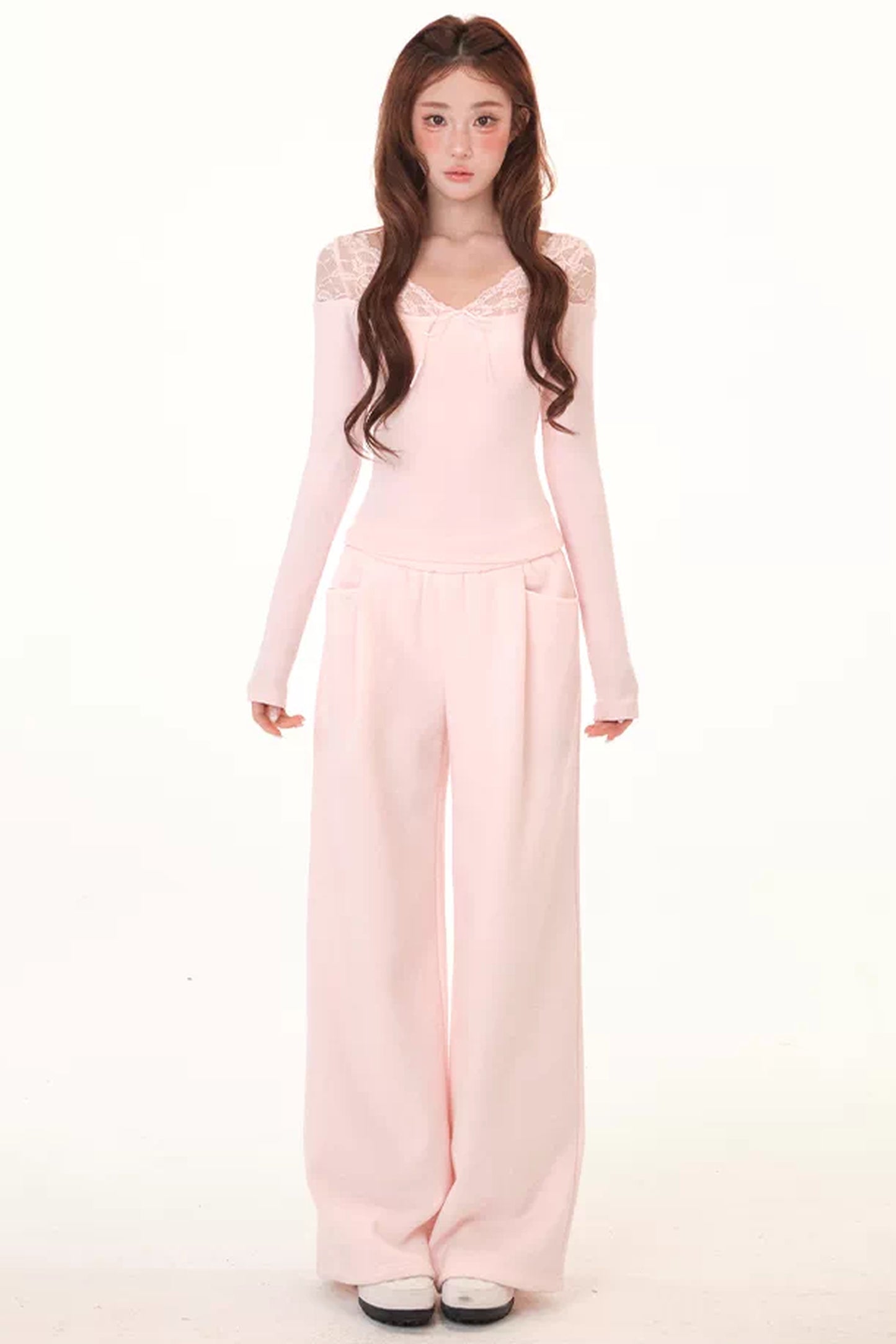 Lace Splice Fleece Shirt and Wide-Leg Sweatpants Set-Up