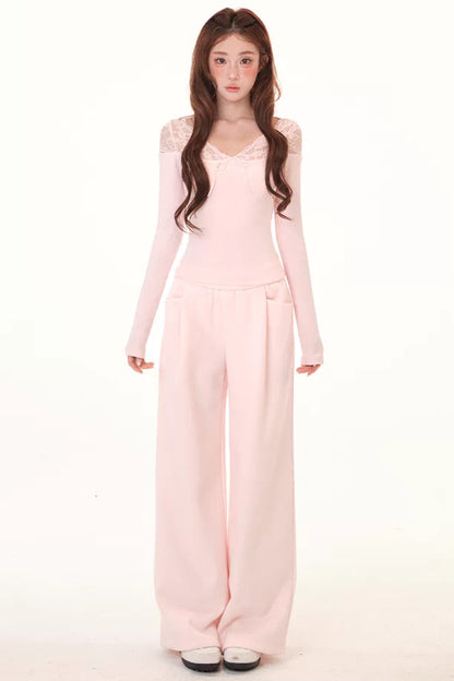Lace Splice Fleece Shirt and Wide-Leg Sweatpants Set-Up