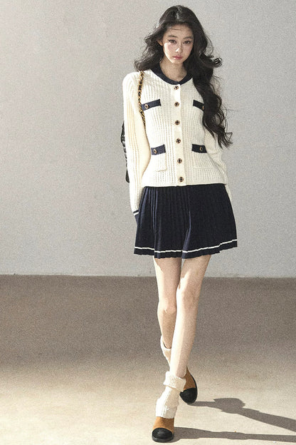 Ensemble deux pièces cardigan en tricot de laine et jupe