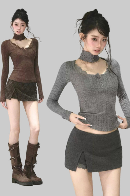 Integrated Neck Warmer Cable Knit T-Shirt
