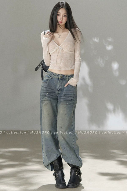 V-Neck Bow Tie Lace Top