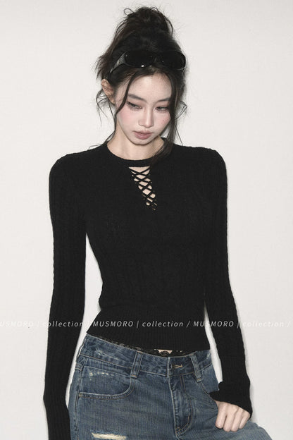 High-Stretch Lace-Up Knit Top