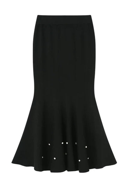 Diamond-Studded Knit Fishtail Skirt