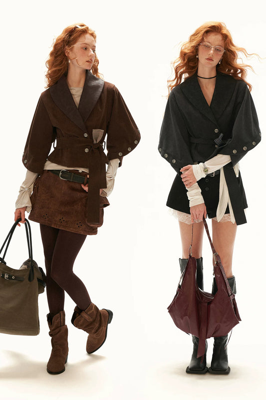 Plaid Suede-Like Leather Patchwork Cinched Waist Jacket