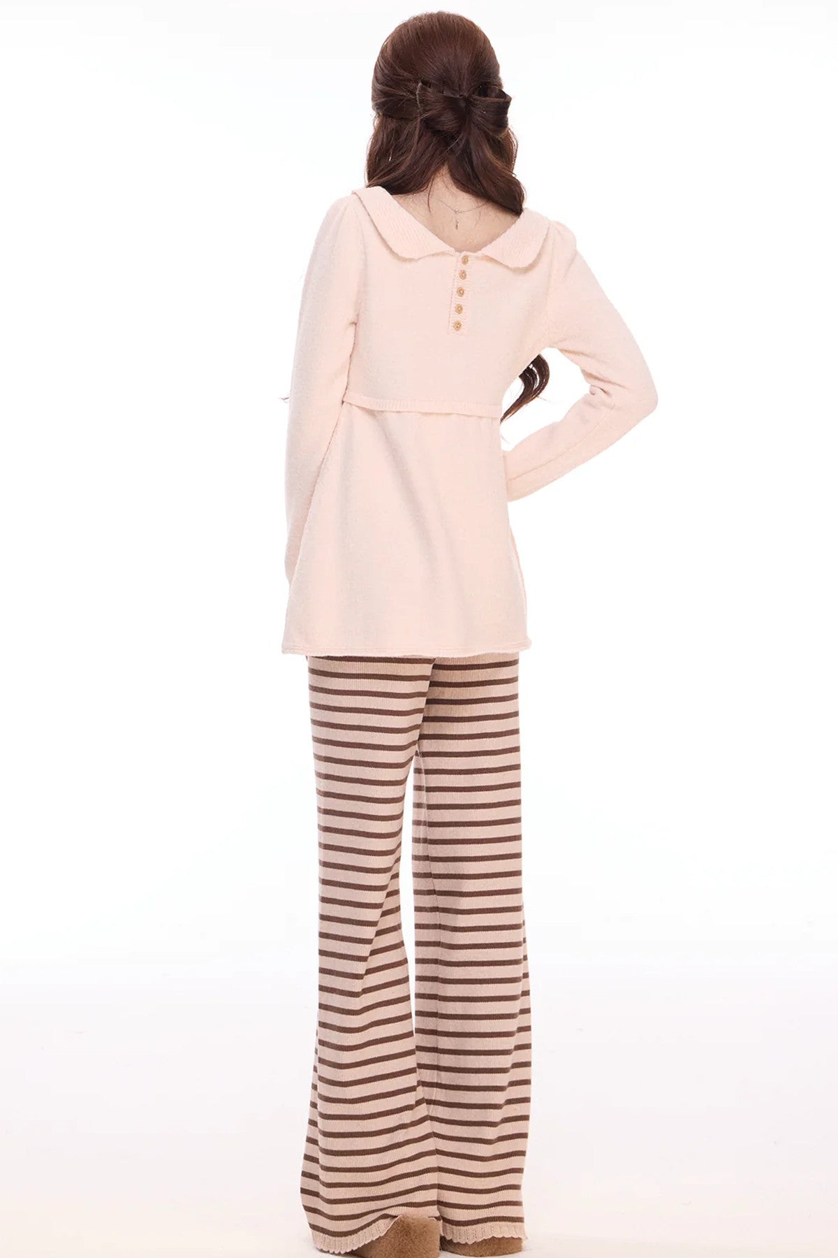 Reversible Doll Collar A-Line Knit Top and Striped Knit Pants Set-Up