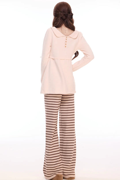 Reversible Doll Collar A-Line Knit Top and Striped Knit Pants Set-Up