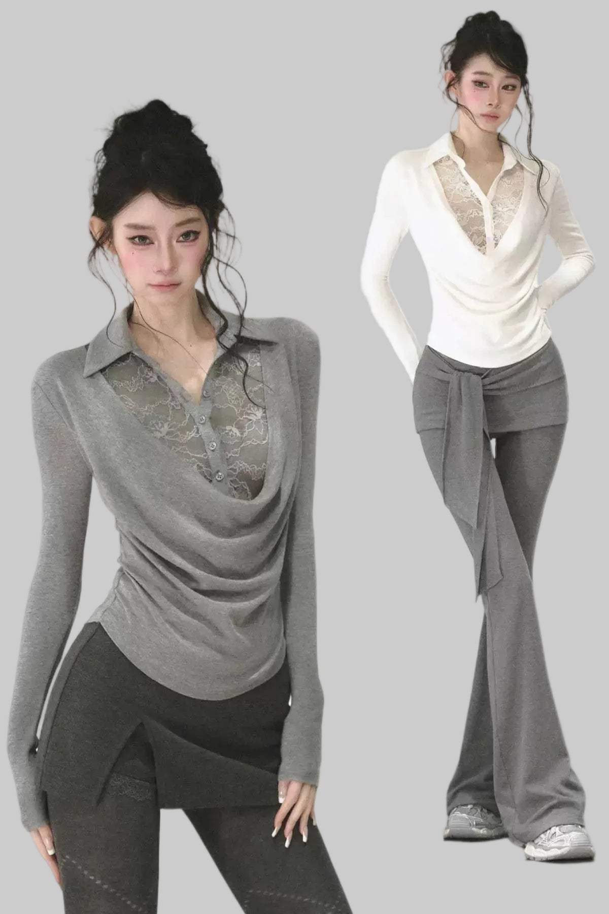 Lace Drape Collar Long-Sleeve Knit Top