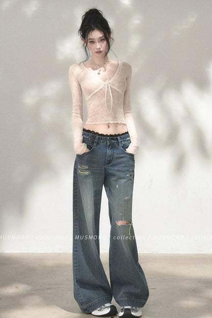 V-Neck Bow Tie Lace Top