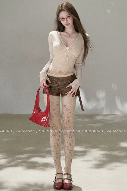 V-Neck Bow Tie Lace Top