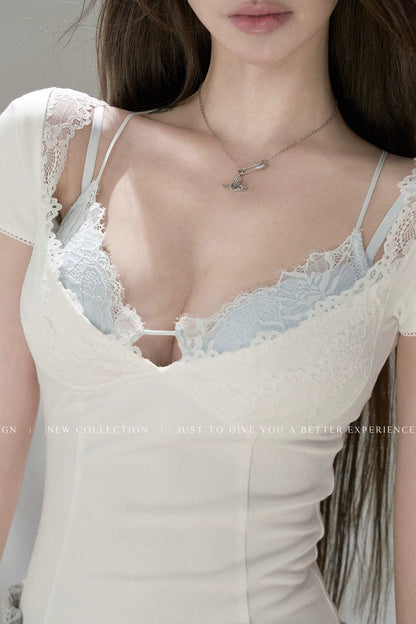 Lace Cuff Deep V-Neck Top
