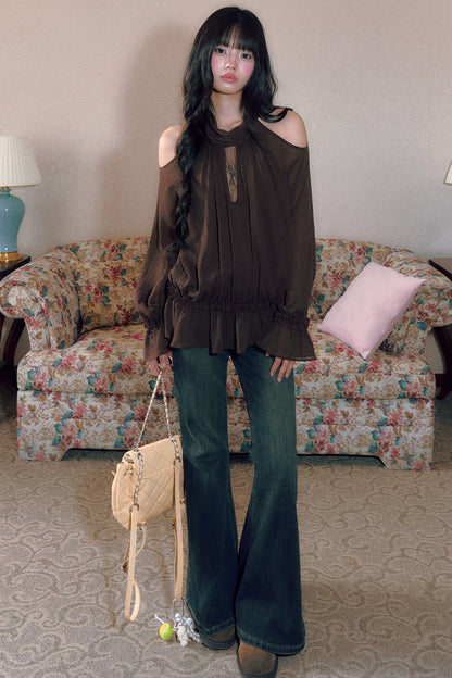 Retro Halterneck Off-Shoulder Ruffle Blouse