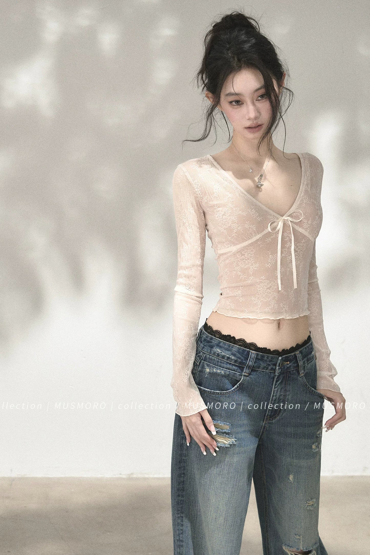 V-Neck Bow Tie Lace Top