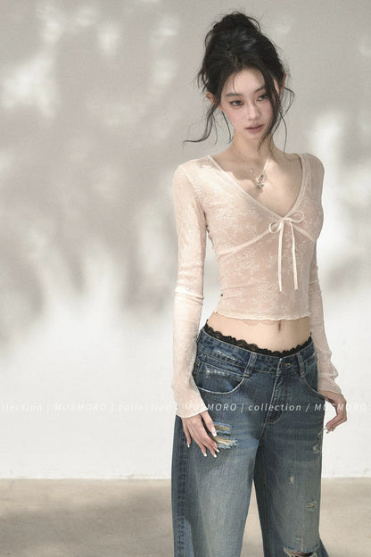 V-Neck Bow Tie Lace Top