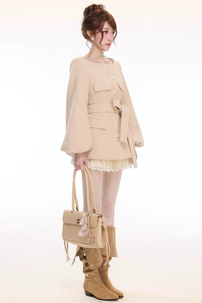 Lantern Sleeve Wool Coat & Lace Tiered Skirt Set-Up