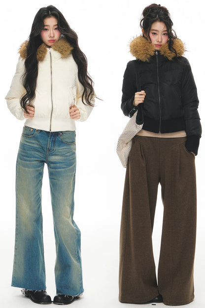 Lightweight Hooded Fur Collar Down Jacket and Pants Set-Up