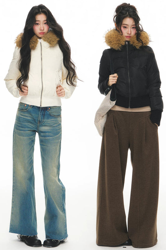 Lightweight Hooded Fur Collar Down Jacket and Pants Set-Up