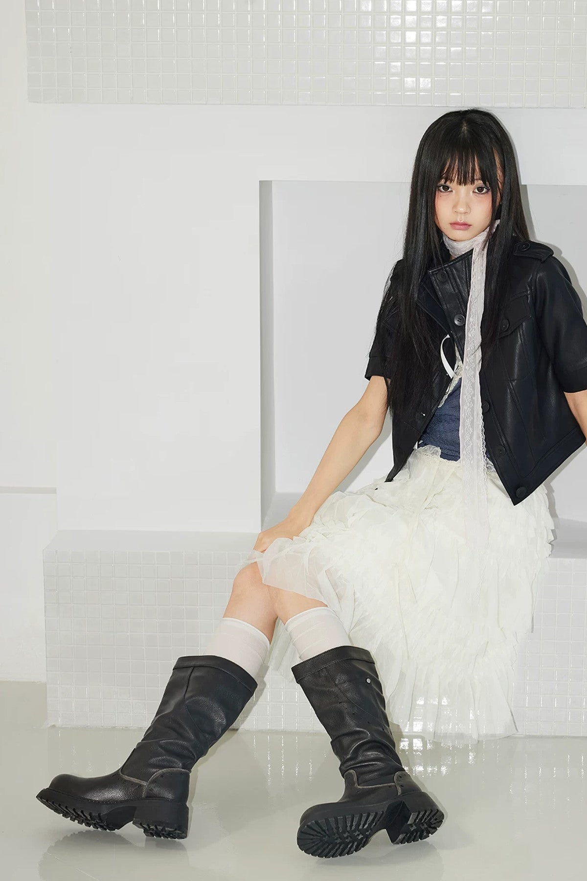Thick-Soled Chunky Heel Black Leather Knee Boots