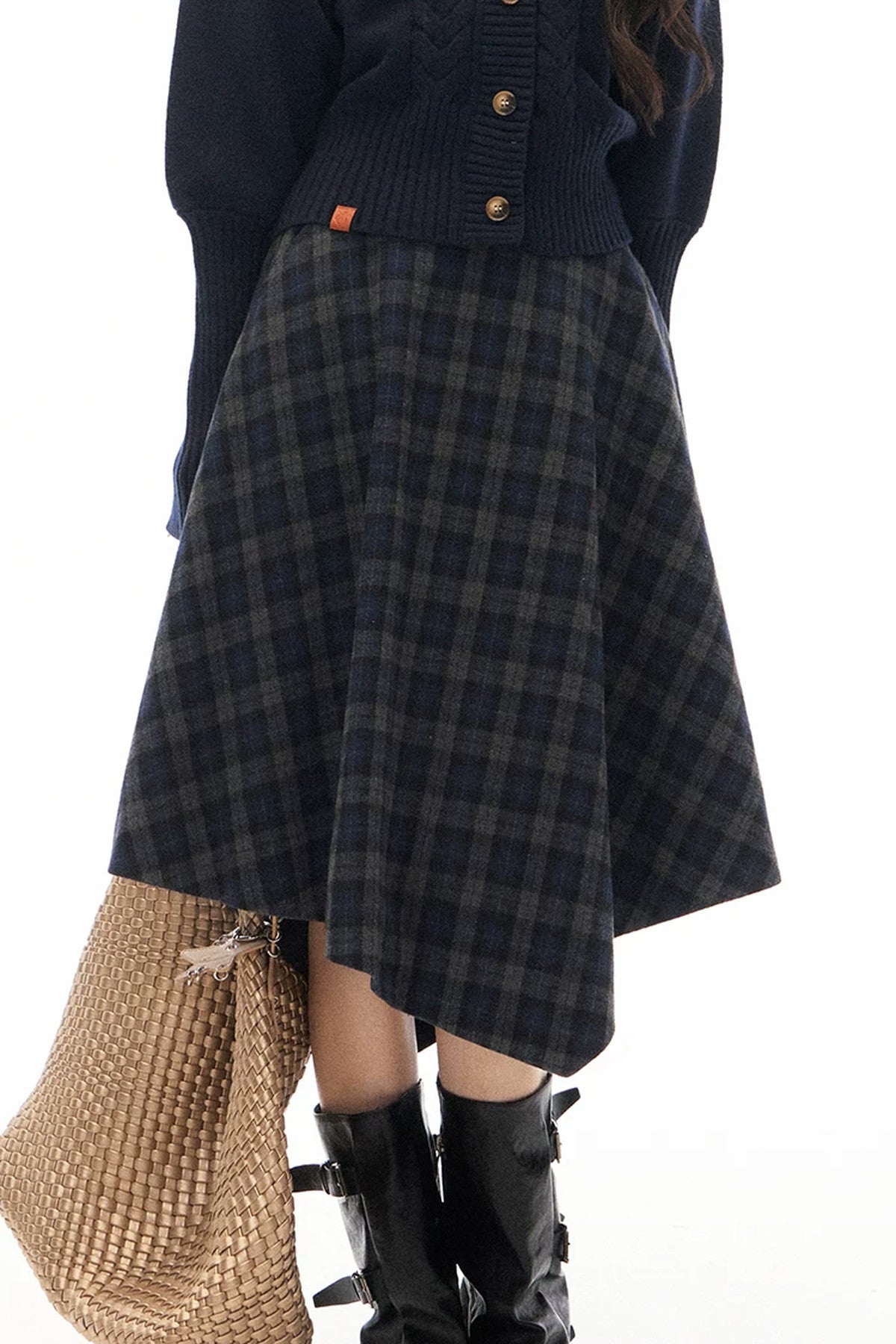Navy Blue Plaid Jacket and Skirt Set-Up