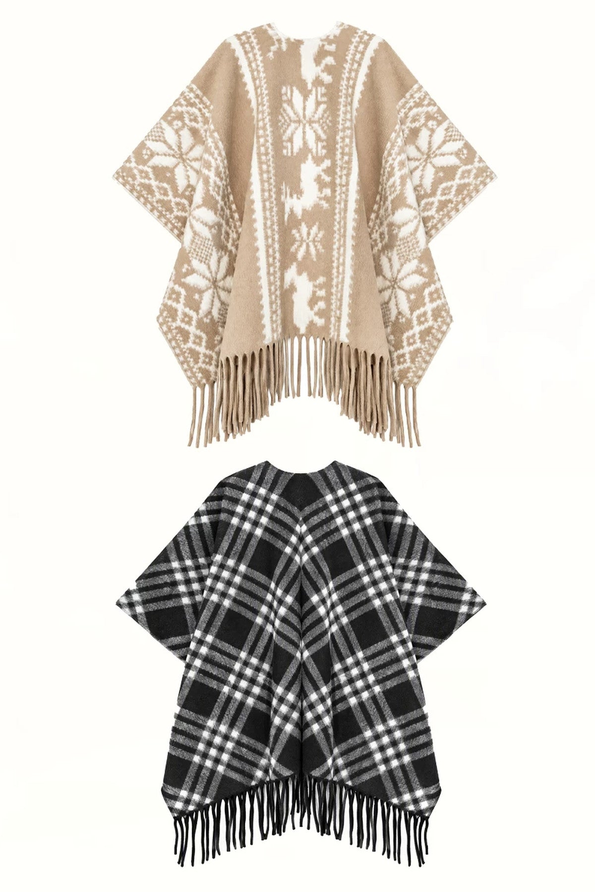 Khaki Fair Isle Jacquard Long Tassel Cape