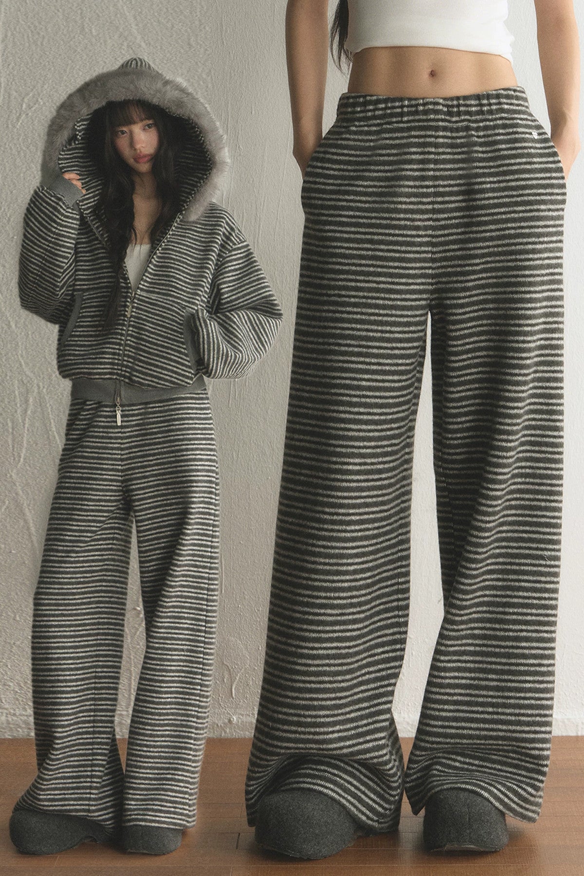 Drapey Loose Elastic Waist Striped Wide-Leg Pants