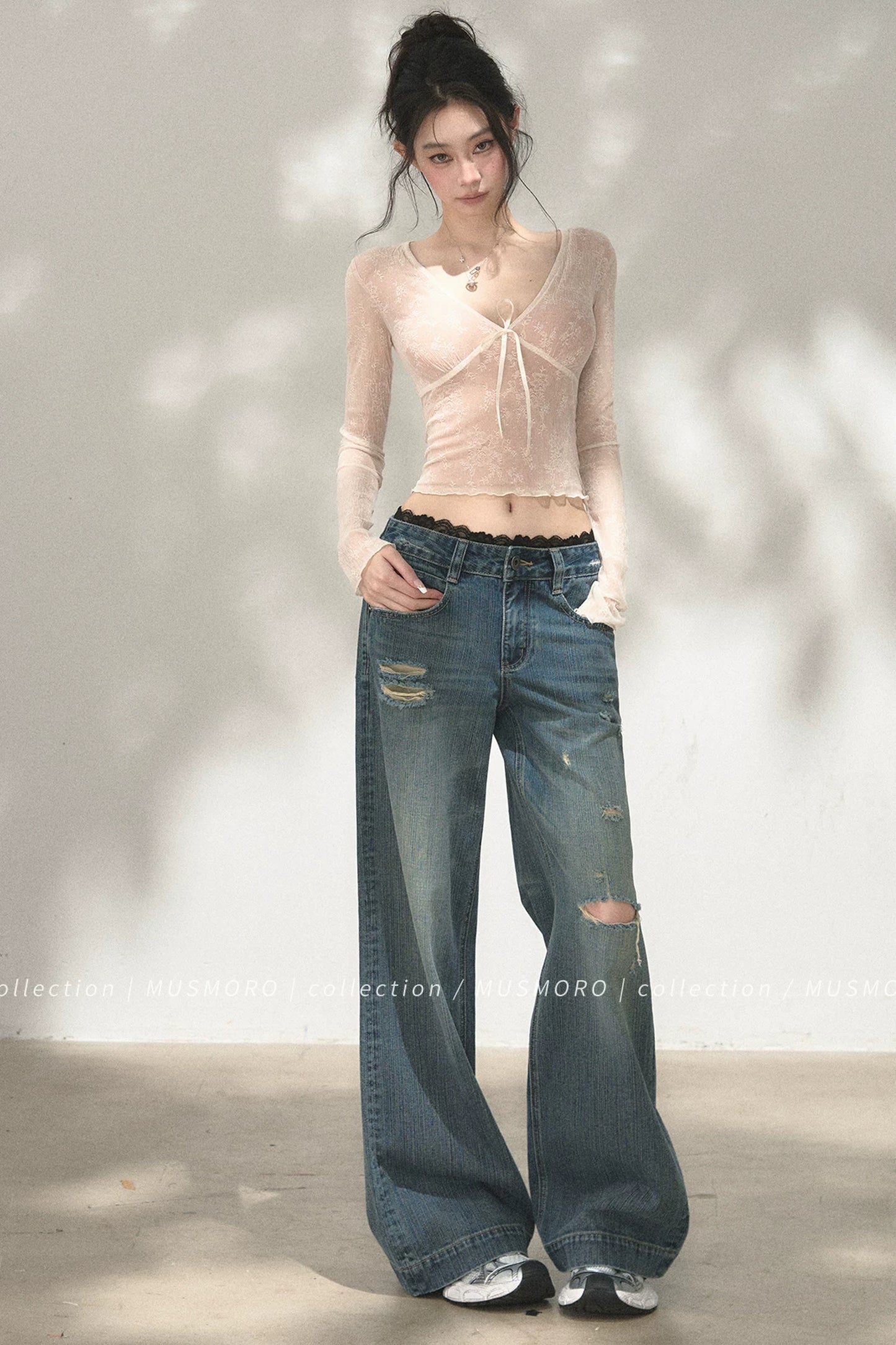 V-Neck Bow Tie Lace Top