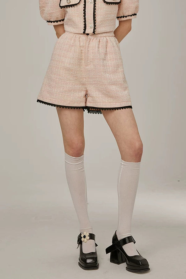 High-Waisted Lace Trim Tweed Shorts