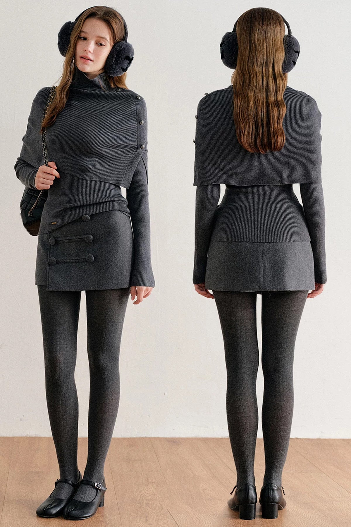 Wool Blend Double-Breasted Diagonal Placket Skirt
