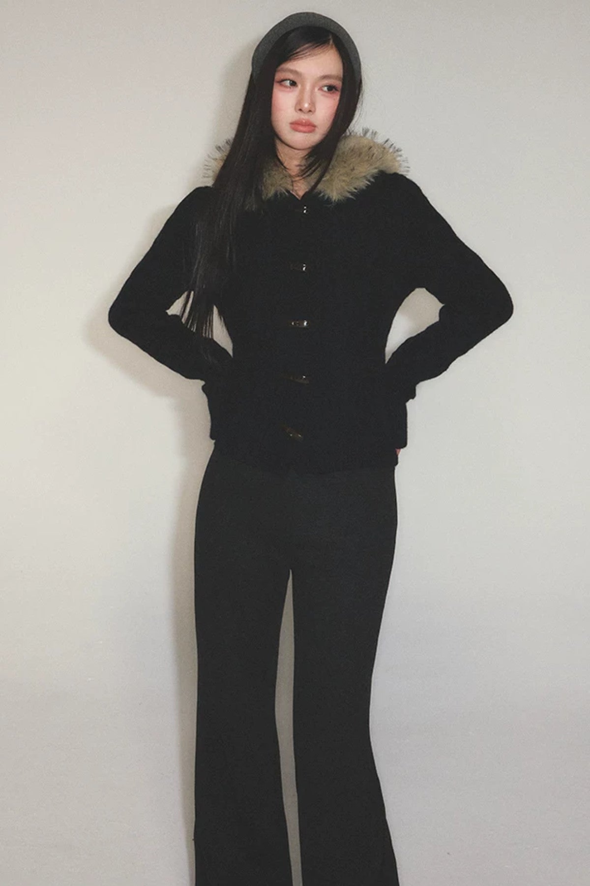 Retro Horn Button Fur Collar Knitted Cardigan