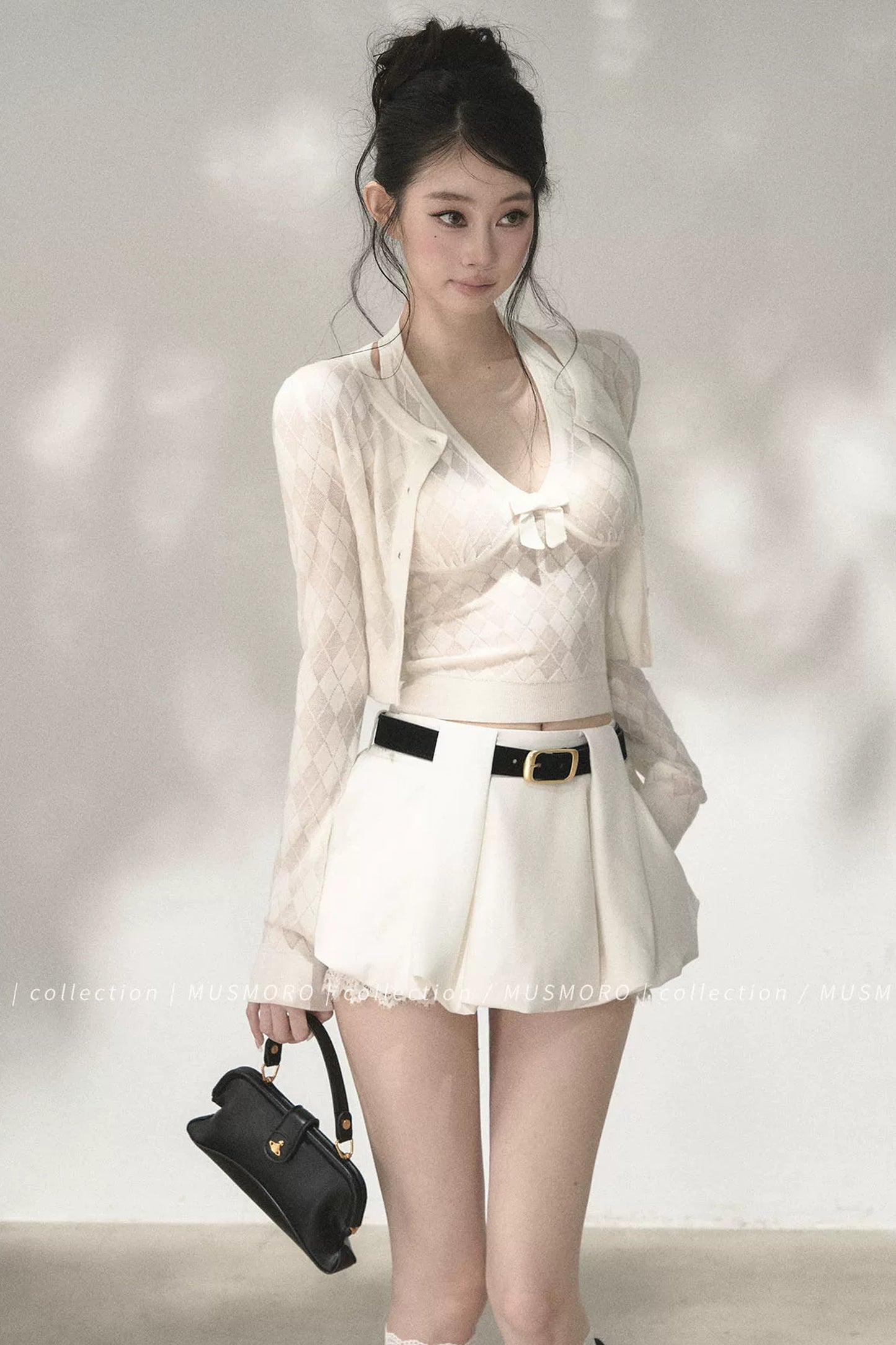 Grey Argyle Knit Cardigan With Camisole Set-Up