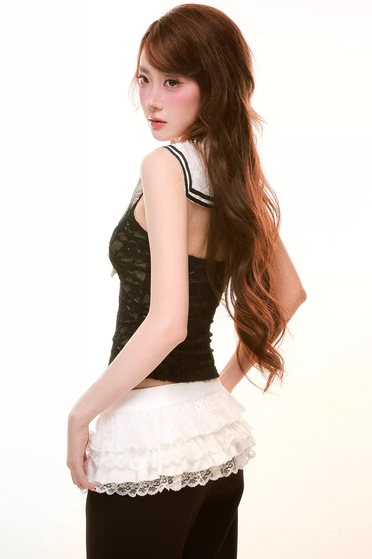 Detachable Bow Lace Top with Tail Skirt and Pants Set-Up