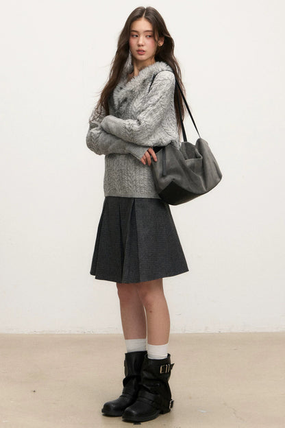 Fur Collar Knit Top and Skirt Set-Up