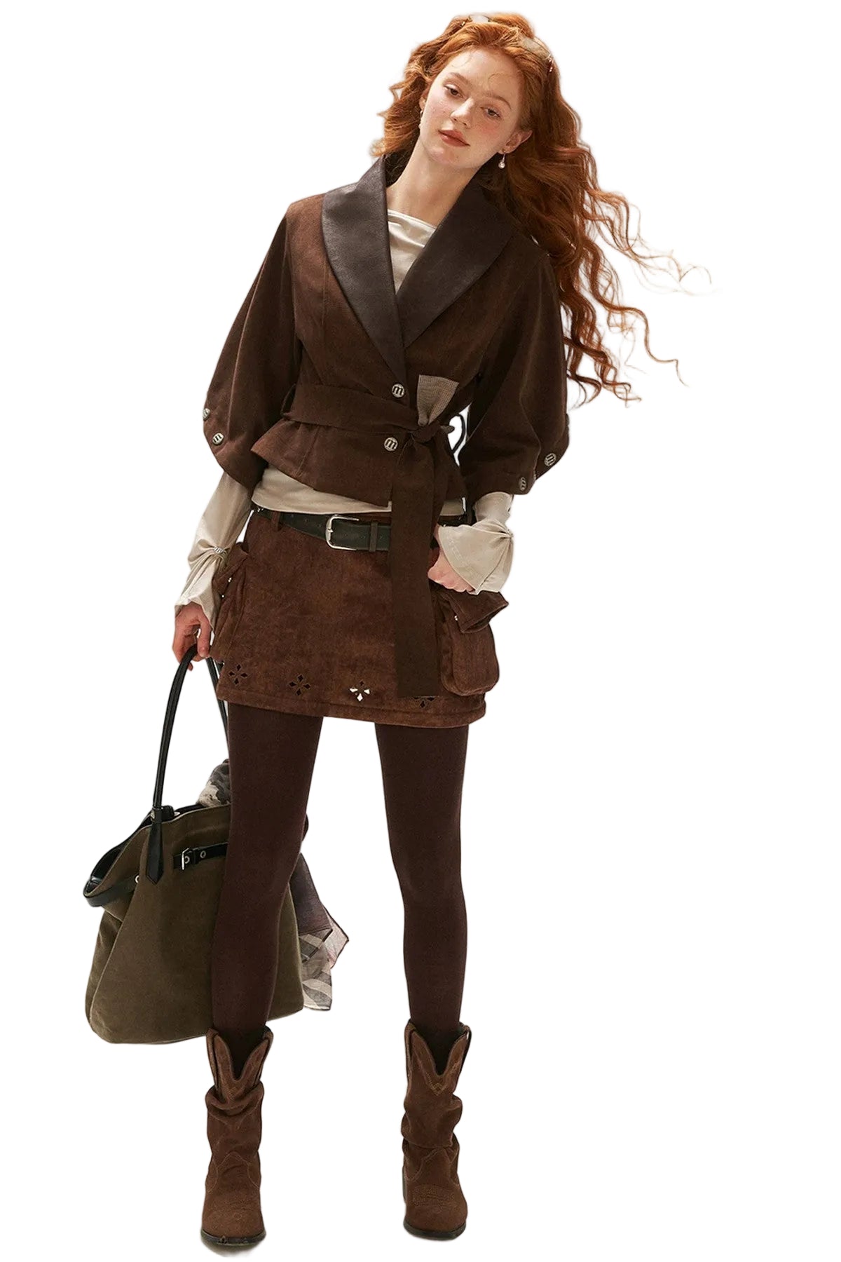 Plaid Suede-Like Leather Patchwork Cinched Waist Jacket