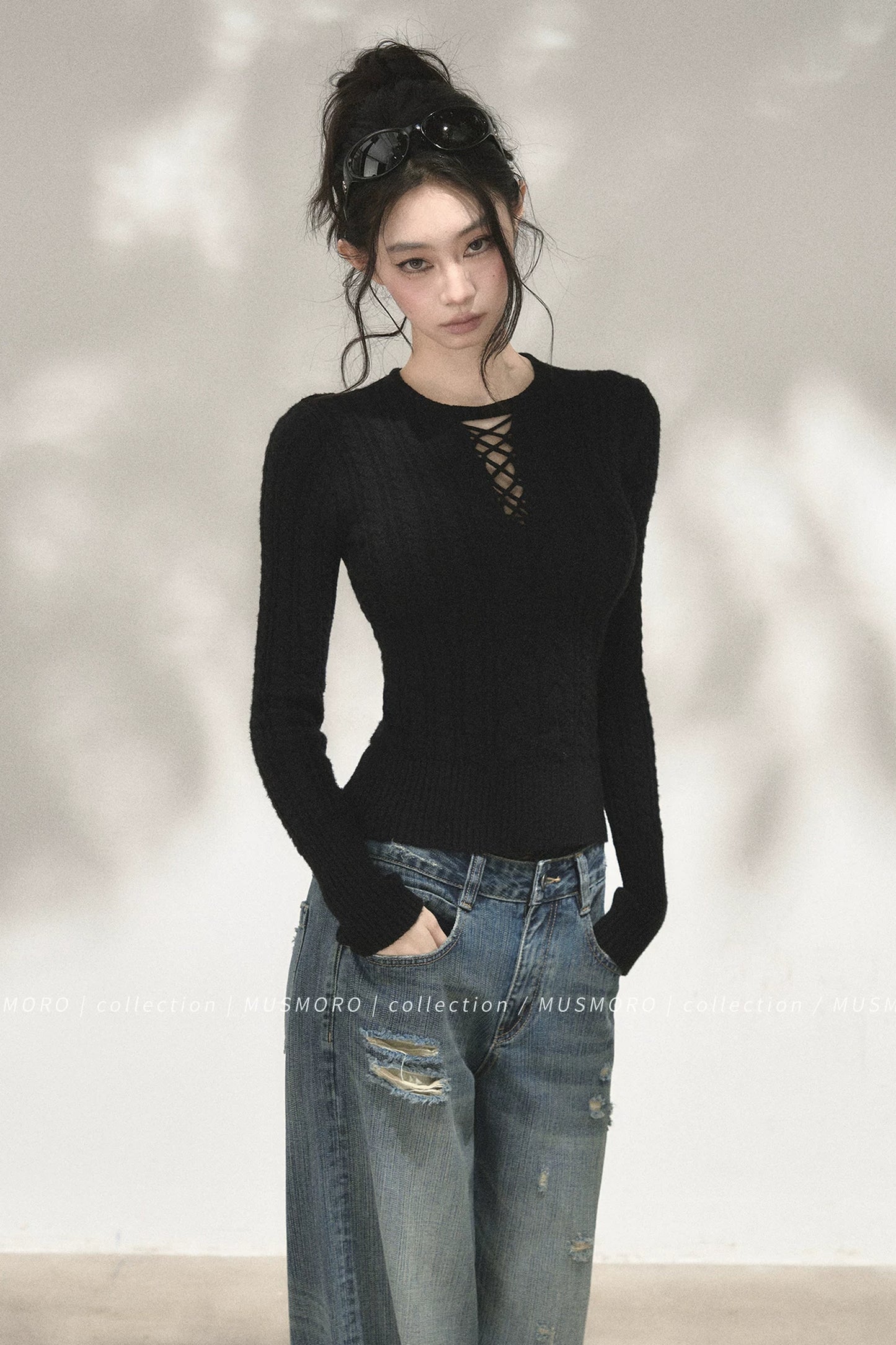 High-Stretch Lace-Up Knit Top