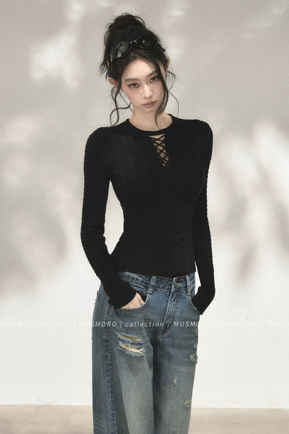 High-Stretch Lace-Up Knit Top