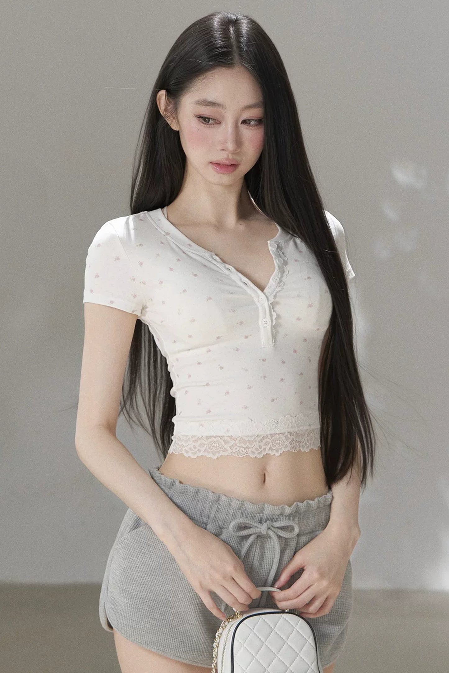 Floral Print Henley Lace Trim Top