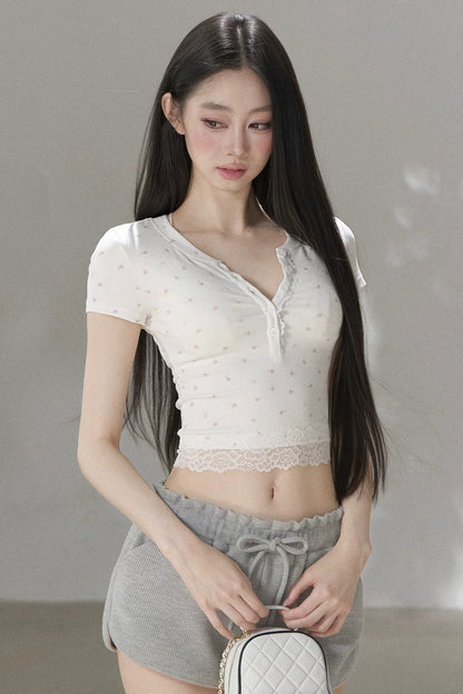 Floral Print Henley Lace Trim Top