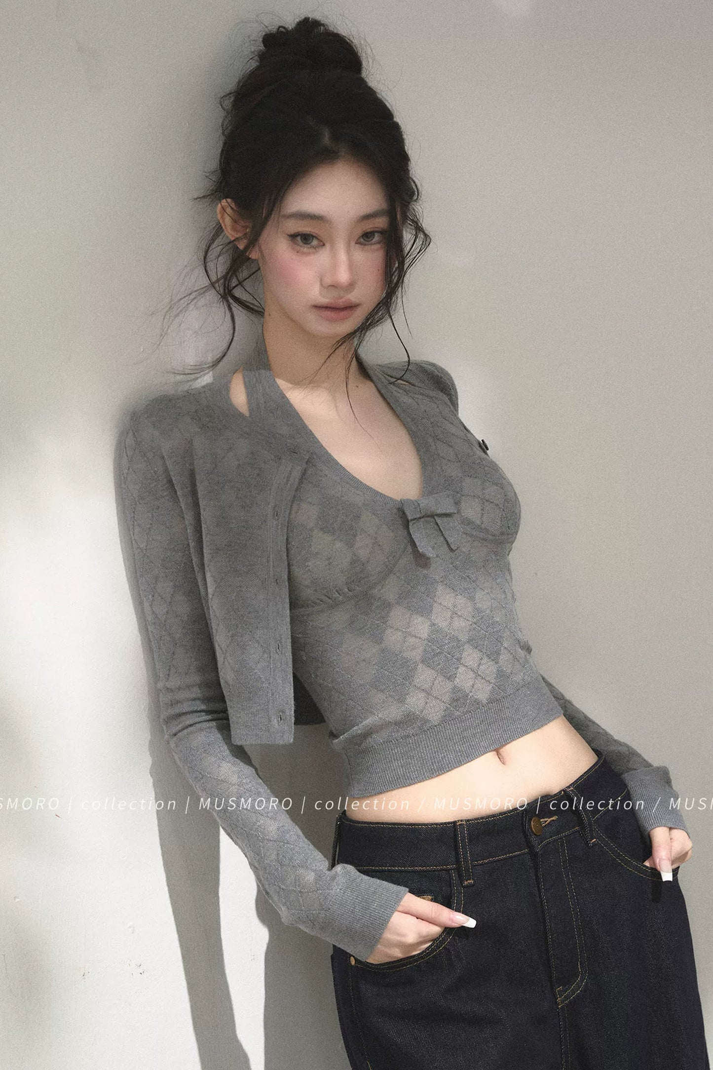 Grey Argyle Knit Cardigan With Camisole Set-Up