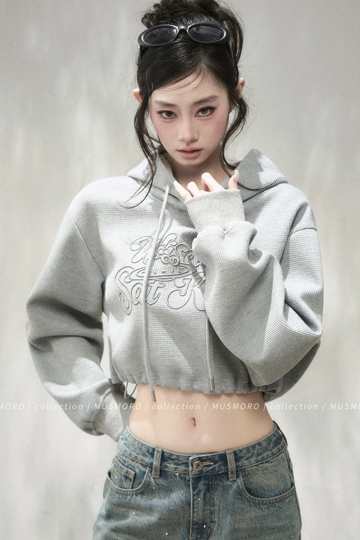 3D Embroidered Cat Waffle Hooded Sweatshirt