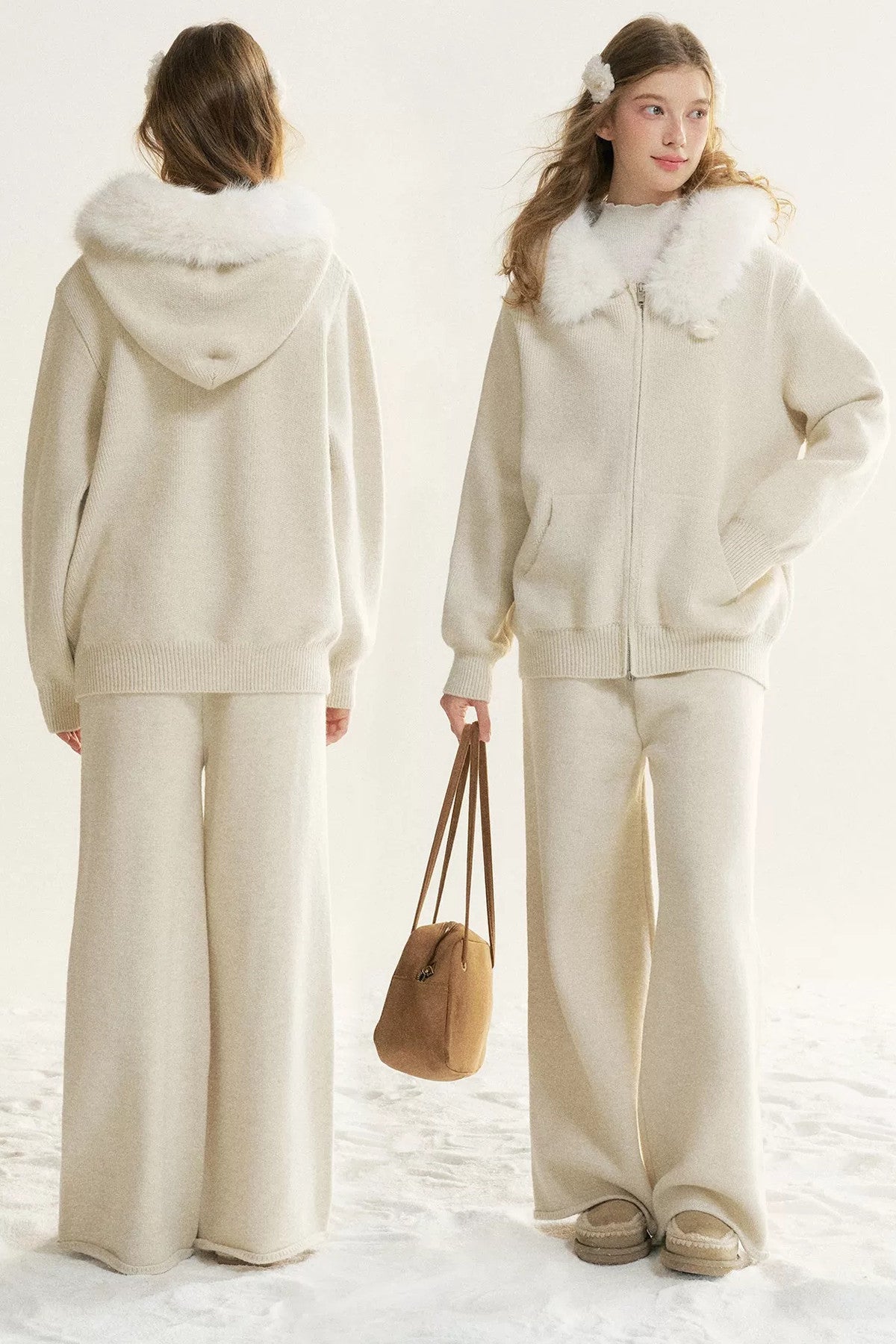 Detachable Fur Collar Hooded Jacket and Wide-Leg Pants Set-Up