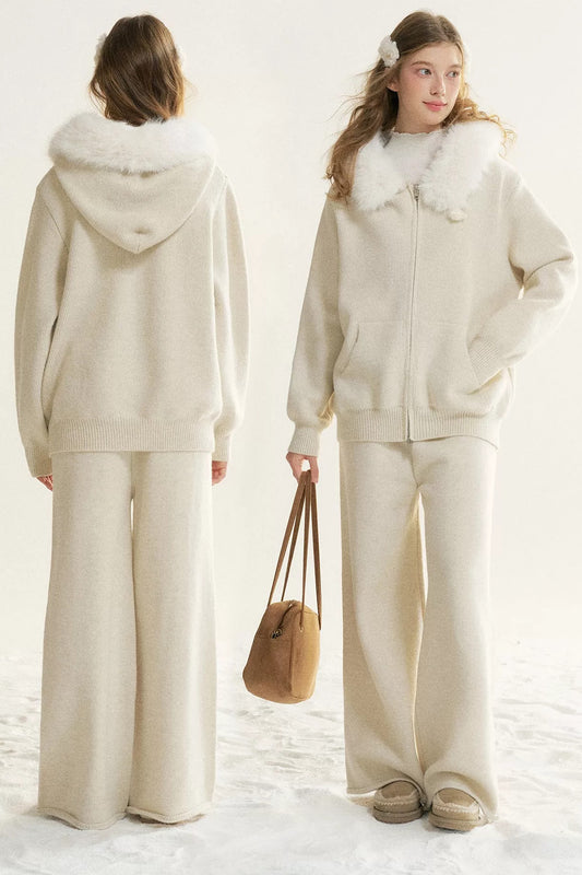 Detachable Fur Collar Hooded Jacket and Wide-Leg Pants Set-Up