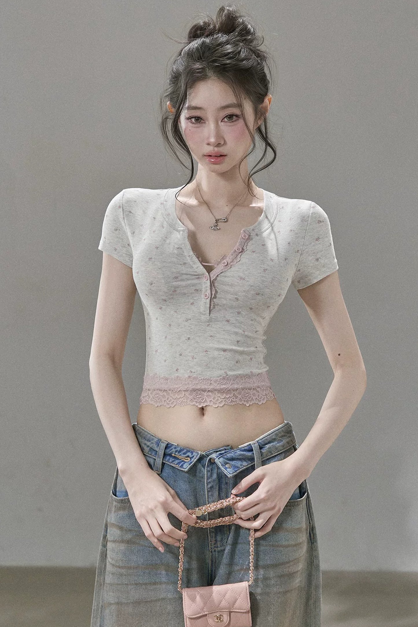 Floral Print Henley Lace Trim Top