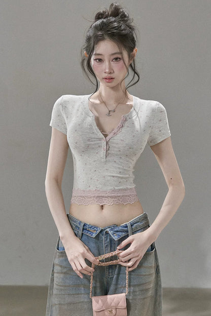 Floral Print Henley Lace Trim Top