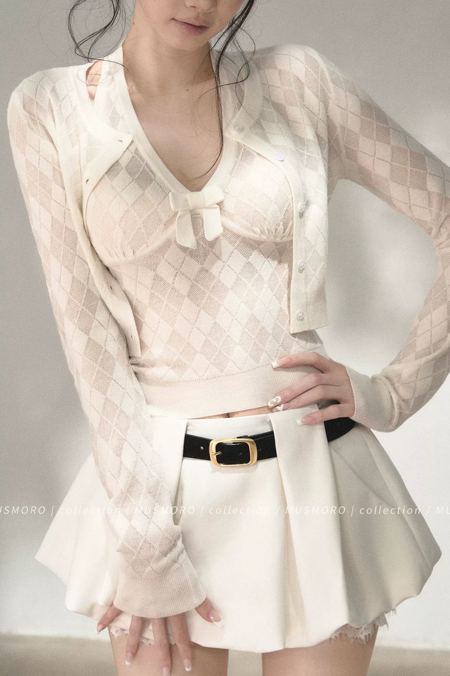 Grey Argyle Knit Cardigan With Camisole Set-Up
